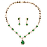Cubic Zirconia Zinc Alloy Jewelry Sets, earring & necklace, Teardrop, gold color plated, micro pave cubic zirconia & for woman, green 3.2cm .6 cm 