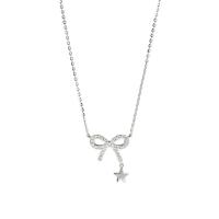 Cubic Zirconia Micro Pave Sterling Silver Necklace, 925 Sterling Silver, with 2inch extender chain, Bowknot, plated, cross chain & micro pave cubic zirconia & for woman Approx 15.7 Inch 