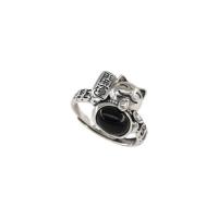 Sterling Silver Finger Ring, 925 Sterling Silver, with Black Agate, Fortune Cat, antique silver color plated, adjustable & for woman, 14.7mm, US Ring 