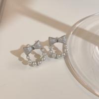 Sterling Silber Stud Ohrring, 925 Sterling Silber, mit Kunststoff Perlen, Schleife, platiniert, Modeschmuck & für Frau & Epoxy Aufkleber, 11.3x12.6mm, verkauft von Paar[