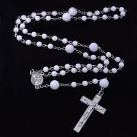 Rosary Necklace, Plastic, with Zinc Alloy, Cross, silver color plated, fashion jewelry & Unisex, white, 8mm Approx 52.5 cm 