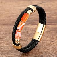 PU Leather Cord Bracelets, 316 Stainless Steel, with leather cord & Glass, handmade, Double Layer & fashion jewelry & Unisex Approx 21 cm 