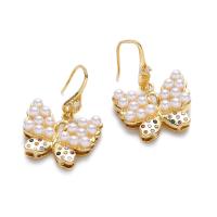Cubic Zirconia Micro Pave Brass Earring, with Plastic Pearl, 18K gold plated & micro pave cubic zirconia & for woman, golden 