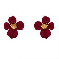 Brass Earring Clip, with Plush, Flower, gold color plated, fashion jewelry & for woman, red 