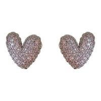 Cubic Zirconia Micro Pave Brass Earring, Heart, platinum color plated, fashion jewelry & micro pave cubic zirconia & for woman, pink, 18mm [