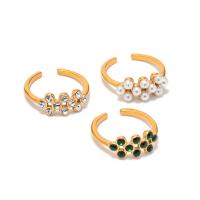 Strass Edelstahl Fingerring, 304 Edelstahl, mit Kunststoff Perlen, 18K vergoldet, verschiedene Stile für Wahl & für Frau & mit Strass, verkauft von PC[