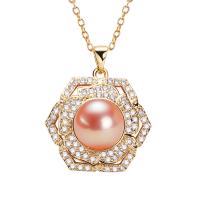 Freshwater Pearl Brass Necklace, with Freshwater Pearl, with 5CM extender chain, Flower, gold color plated, fashion jewelry & micro pave cubic zirconia Approx 40 cm 