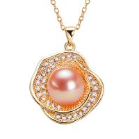 Freshwater Pearl Brass Necklace, with Freshwater Pearl, with 5CM extender chain, gold color plated, fashion jewelry & micro pave cubic zirconia & for woman Approx 40 cm 