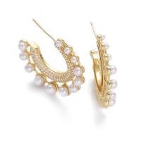 Befestiger Zirkonia Messing Ohrring, mit Kunststoff Perlen, vergoldet, Micro pave Zirkonia & für Frau, Goldfarbe, 30x5mm, verkauft von Paar[