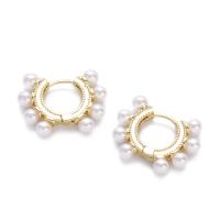 Brass Lever Back Earring, with Plastic Pearl, real gold plated, for woman, gold [