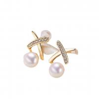 Freshwater Pearl Brass Earring, with Freshwater Pearl, real gold plated, fashion jewelry & for woman & with rhinestone 6-7mm 