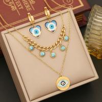 Evil Eye Jewelry Set, 304 Stainless Steel, bracelet & earring & necklace, with turquoise, with 1.96lnch extender chain, plated, micro pave cubic zirconia & enamel, gold Approx 15.74 Inch [