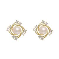 Cubic Zirconia Micro Pave Brass Earring, with Freshwater Pearl, fashion jewelry & micro pave cubic zirconia & for woman, golden [