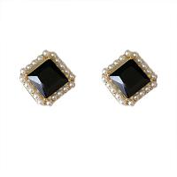 Brass Earring Clip, with Resin & Plastic Pearl & Zinc Alloy, Square, gold color plated, fashion jewelry & for woman 