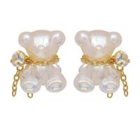 Brass Earring Clip, with Plastic Pearl, Bear, gold color plated, fashion jewelry & for woman, white 