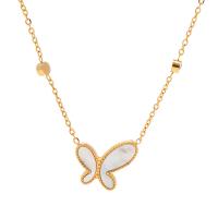 Stainless Steel Jewelry Necklace, 304 Stainless Steel, with Shell, with 2.36inch extender chain, Butterfly, 18K gold plated, fashion jewelry & for woman & with rhinestone, golden, 12.2mm Approx 16.73 Inch 
