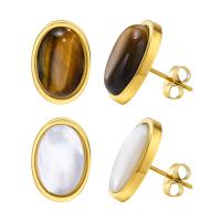 Stainless Steel Stud Earring, 304 Stainless Steel, with Tiger Eye & Shell, Vacuum Ion Plating, fashion jewelry & for woman, golden [