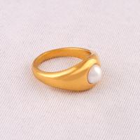 Titanium Steel Finger Ring, with Plastic Pearl, plated, fashion jewelry & for woman, golden [