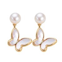 Freshwater Pearl Brass Earring, with Freshwater Pearl, Butterfly, gold color plated, fashion jewelry & for woman 