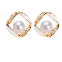 Freshwater Pearl Brass Earring, with Freshwater Pearl, gold color plated, fashion jewelry & micro pave cubic zirconia & for woman [