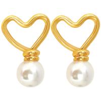 Boucle d'oreille en goutte de laiton, avec perle de plastique, coeur, Placage de couleur d'or, bijoux de mode & pour femme Vendu par paire