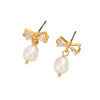 Cubic Zircon Brass Earring, with Freshwater Pearl, Bowknot, gold color plated, fashion jewelry & micro pave cubic zirconia & for woman, white 