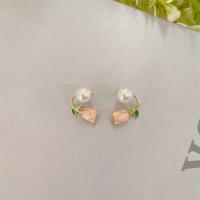 Enamel Zinc Alloy Stud Earring, with Plastic Pearl, Flower, gold color plated, fashion jewelry & for woman, pink [