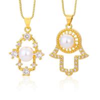 Cubic Zircon Micro Pave Brass Necklace, with Plastic Pearl, with 5CM extender chain, real gold plated & micro pave cubic zirconia & for woman, gold cm [