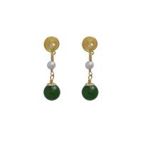 Freshwater Pearl Brass Earring, with Hetian Jade & Freshwater Pearl, gold color plated, fashion jewelry & for woman 