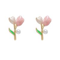Brass Earring Clip, with Plastic Pearl, Tulip, gold color plated, fashion jewelry & for woman & enamel 