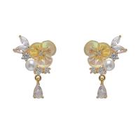 Cubic Zirconia Micro Pave Brass Earring, with Shell & Plastic Pearl, gold color plated, fashion jewelry & micro pave cubic zirconia & for woman [
