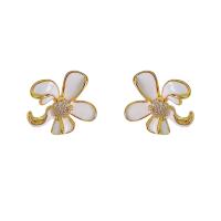 Cubic Zirconia Micro Pave Brass Earring, Flower, gold color plated, fashion jewelry & micro pave cubic zirconia & for woman & enamel, white [