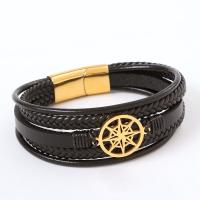 PU Leather Cord Bracelets, with 316L Stainless Steel, Compass, Vacuum Ion Plating, vintage & for man .5 cm [