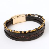 PU Leather Cord Bracelets, with Glass & Zinc Alloy, gold color plated, vintage & multilayer & for man Approx 21 cm [
