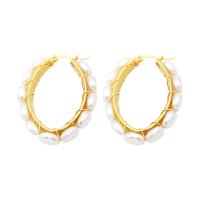 Stainless Steel Hoop Earring, 304 Stainless Steel, with Plastic Pearl, Vacuum Ion Plating, fashion jewelry & for woman, golden 