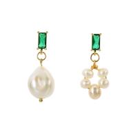 Freshwater Pearl Brass Earring, with Freshwater Pearl, real gold plated, fashion jewelry & for woman & with cubic zirconia, two different colored, Baroque pearluff1a9mm,Near round mm 