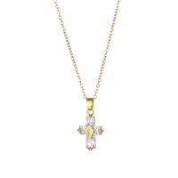 Cubic Zirconia Stainless Steel Necklace, 304 Stainless Steel, with 1.97inch extender chain, Cross, Vacuum Plating, fashion jewelry & micro pave cubic zirconia & for woman, golden Approx 15.75 Inch 