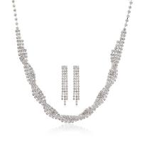 Rhinestone Zinc Alloy Jewelry Set, earring & necklace, with 12cm extender chain, silver color plated, for woman & with rhinestone, 1cm cm 