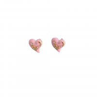 Enamel Zinc Alloy Stud Earring, Heart, plated, micro pave rhinestone & for woman, pink 