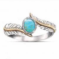 Rhinestone Zinc Alloy Finger Ring, with turquoise, Feather, plated, Unisex silver color 