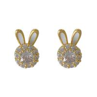 Brass Stud Earring, Rabbit, gold color plated, fashion jewelry & micro pave cubic zirconia & for woman 