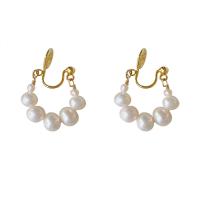 Brass Earring Clip, with Freshwater Pearl, gold color plated, fashion jewelry & for woman, white [