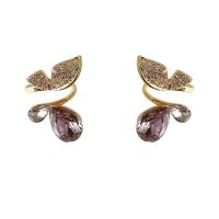 Brass Stud Earring, with Crystal, gold color plated, fashion jewelry & micro pave cubic zirconia & for woman, purple 