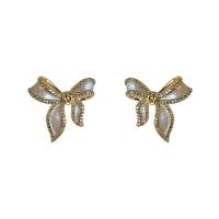 Brass Earring Clip, Bowknot, gold color plated, fashion jewelry & micro pave cubic zirconia & for woman & enamel, white, 19mm [