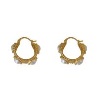 Brass Hoop Earring, with Plastic Pearl, gold color plated, fashion jewelry & for woman 