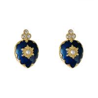 Brass Earring Clip, gold color plated, fashion jewelry & for woman & enamel & with rhinestone, blue [