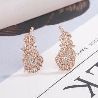 Cubic Zirconia Micro Pave Brass Earring, Feather, rose gold color plated, fashion jewelry & micro pave cubic zirconia & for woman 