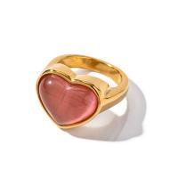 Stainless Steel Finger Ring, 304 Stainless Steel, with Cats Eye, Heart, 18K gold plated, fashion jewelry & for woman, golden [