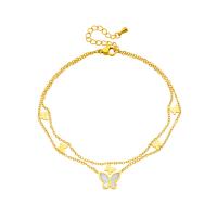 Stainless Steel Anklets Jewelry, Titanium Steel, with Shell, with 1.97inch extender chain, Butterfly, Double Layer & fashion jewelry & for woman, golden, 10mm Approx 7.87 Inch 