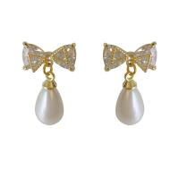 Freshwater Pearl Brass Earring, with Freshwater Pearl, gold color plated, fashion jewelry & micro pave cubic zirconia & for woman 